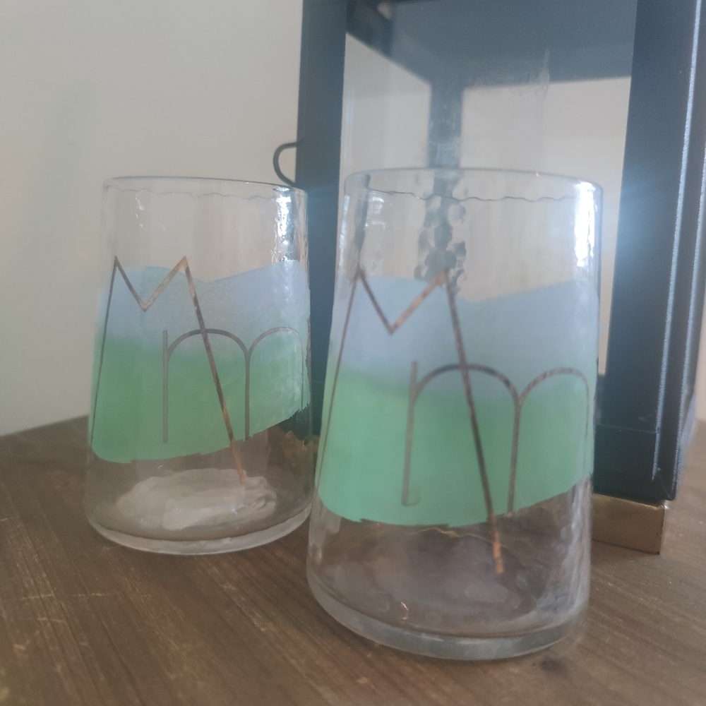 Stylish Glass Tumblers with Green and Blue Watercolor, Golden M